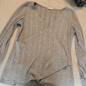 Gray V-Neck Ribbed Sweater